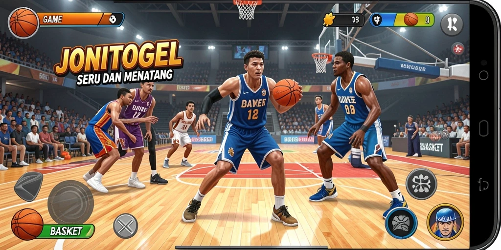 Tampilan antarmuka menarik dari JONITOGEL saat bermain basket.