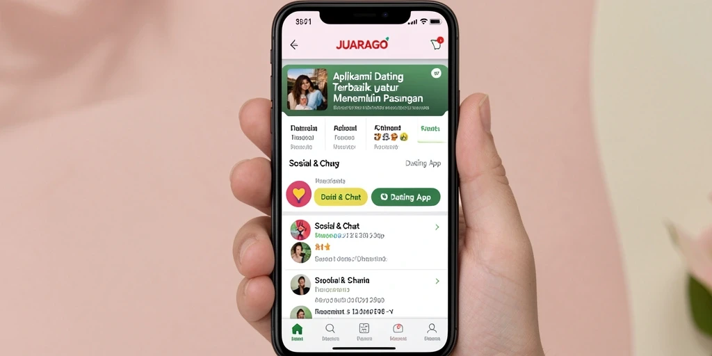 Screenshot antarmuka JUARAGO menampilkan fitur chat dan pencarian pasangan.